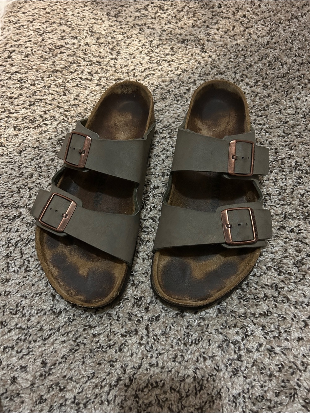 Birkenstock Two-Strap Sandals Olive with Copper Buckles